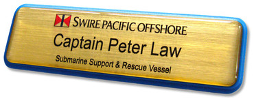 Prestige plastic name badges - Blue border and brushed gold background | www.namebadgesinternational.ie